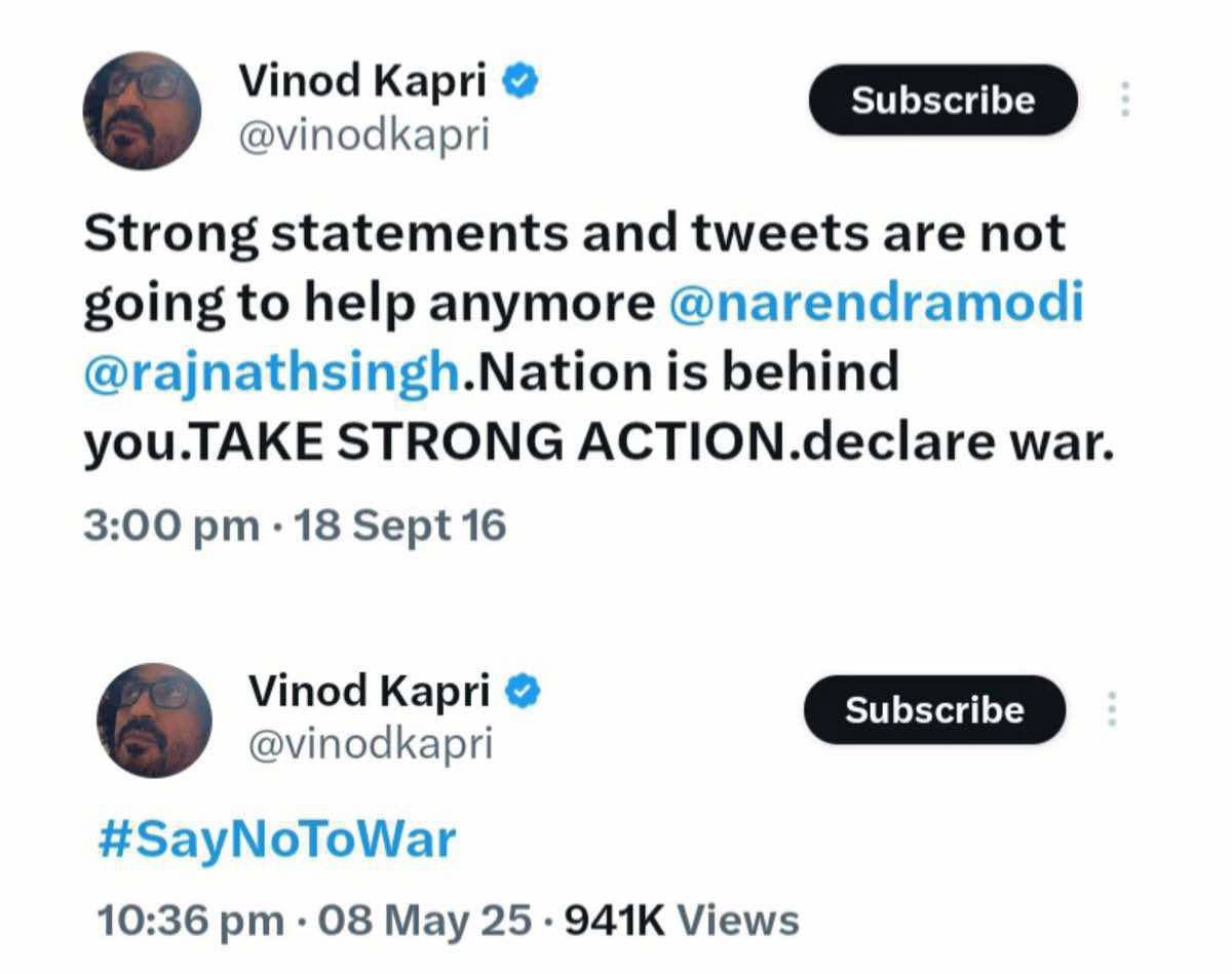 neha_unny's tweet photo. @vinodkapri must be suffering from short term memory loss..He himself wanted WAR and now chanting #SayNoToWar ?

अपना ऐतिहासिक ट्वीट देख रहे हो विनोद😂 https://t.co/Hs4cTKkVFb