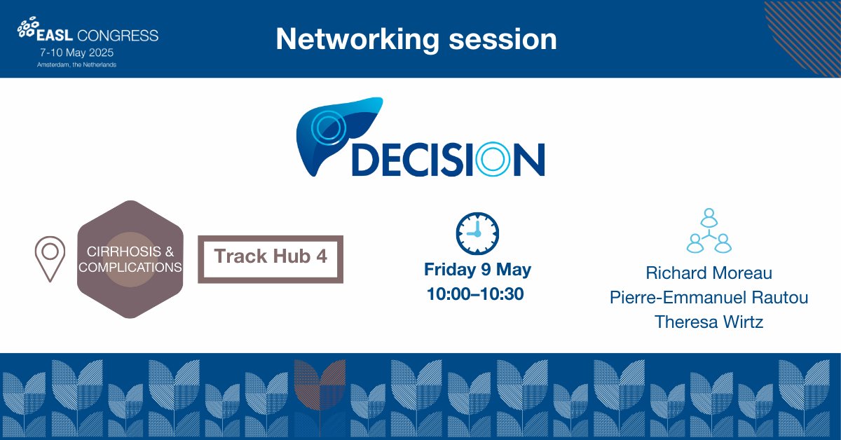 EASLnews (@easlnews) on Twitter photo The networking session with <a href="/Decision4Liver/">Decision4Liver</a> will start soon! Head over Track Hub 4 (Cirrhosis & Complications) at 10:00!
Meet Richard Moreau, <a href="/RautouE/">Rautou Pierre-Emmanuel</a> & Theresa Wirtz!
#EASLCongress The networking session with <a href="/Decision4Liver/">Decision4Liver</a> will start soon! Head over Track Hub 4 (Cirrhosis & Complications) at 10:00!
Meet Richard Moreau, <a href="/RautouE/">Rautou Pierre-Emmanuel</a> & Theresa Wirtz!
#EASLCongress