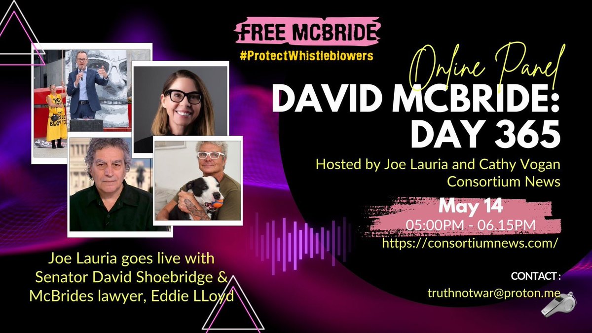 THIS WEDNESDAY 5pm - 6:15pm TUNE IN for an update on David McBride.⏩youtube.com/@consortiumnew…

Journalist Joe Lauria <a href="/unjoe/">Joe Lauria</a> will be speaking with McBride's lawyer Eddie Lloyd <a href="/worldzonfire/">Eddie Lloyd</a> and Senator David Shoebridge <a href="/DavidShoebridge/">David Shoebridge</a>. 

Bring your questions!

#FreeDavidMcBride