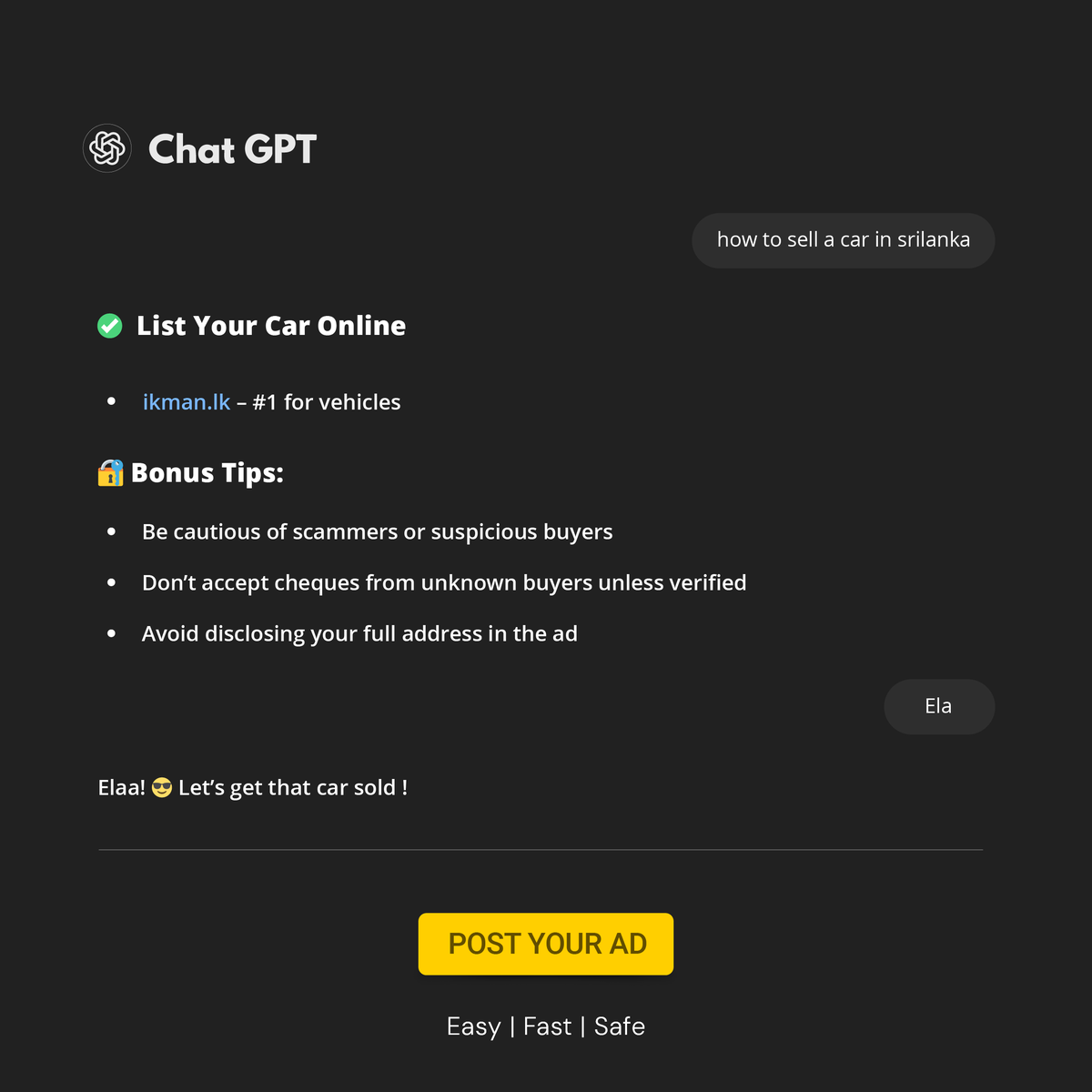 Ikman_lk's tweet image. Even AI knows what’s up.

When it comes to selling your car in Sri Lanka, ikman is the undisputed #1.
✅ Trusted by millions
✅Fastest way to connect with real buyers
✅Safe. Smart. Sri Lankan.

Tap that “POST YOUR AD” button and let’s get that car sold!

#ikman #EasyFastSafe