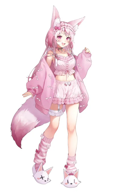 娘の桃狼むすびちゃん(#musubi_tourou)の新衣装を担当させていただきました!リボンたっぷりでピンクもりもりのかわいい部屋着です#ポー桃レイト 