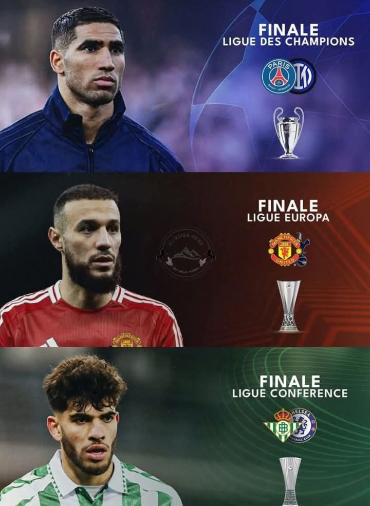 🔥 المغاربة يسيطرون على أوروبا! 3 نهائيات في 3 بطولات! 🇲🇦

🏆 أشرف #حكيمي (الدوري الأبطال) vs إنتر ميلان - 31 ماي
🏆 نصير #المزراوي (الدوري الأوروبي) vs توتنهام - 21 ماي
🏆 عبد الصمد #الزلزولي (كأس المؤتمر) vs تشيلسي - 28 ماي