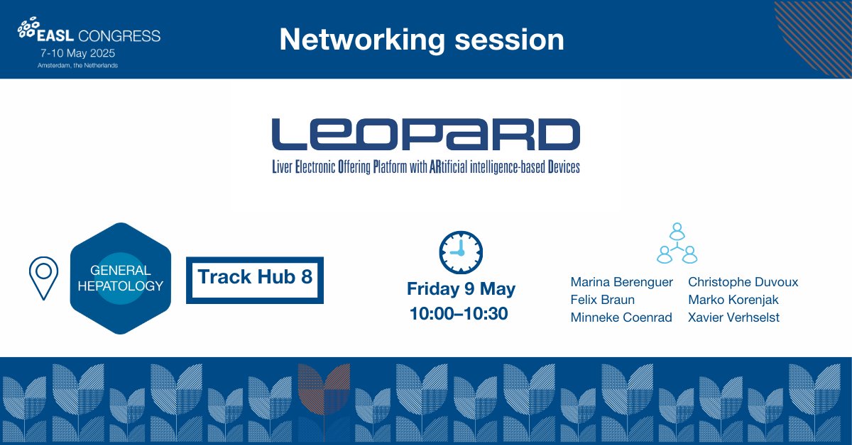 The networking session with <a href="/LEOPARD_EU/">LEOPARD_EUproject</a> will start soon! Head over Track Hub 8 (General Hepatology) at 10:00!
Meet Marina Berenguer, Felix Braun, Minneke Coenrad, Christophe Duvoux, <a href="/Marko_Korenjak/">Marko</a> &amp; Xavier Verhselst!

#EASLCongress