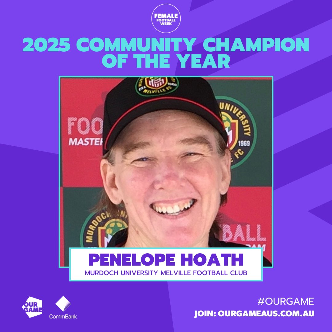 🏆 2025 Community Champion of the Year - Penelope Hoath 🏆

With over 40 years of service to football in WA, Penny Tanner Hoath is a true icon of the grassroots game — and now, the nationally recognised 2025 FFW Volunteer of the Year! 🏆

#FemaleFootballWeek #OurGame