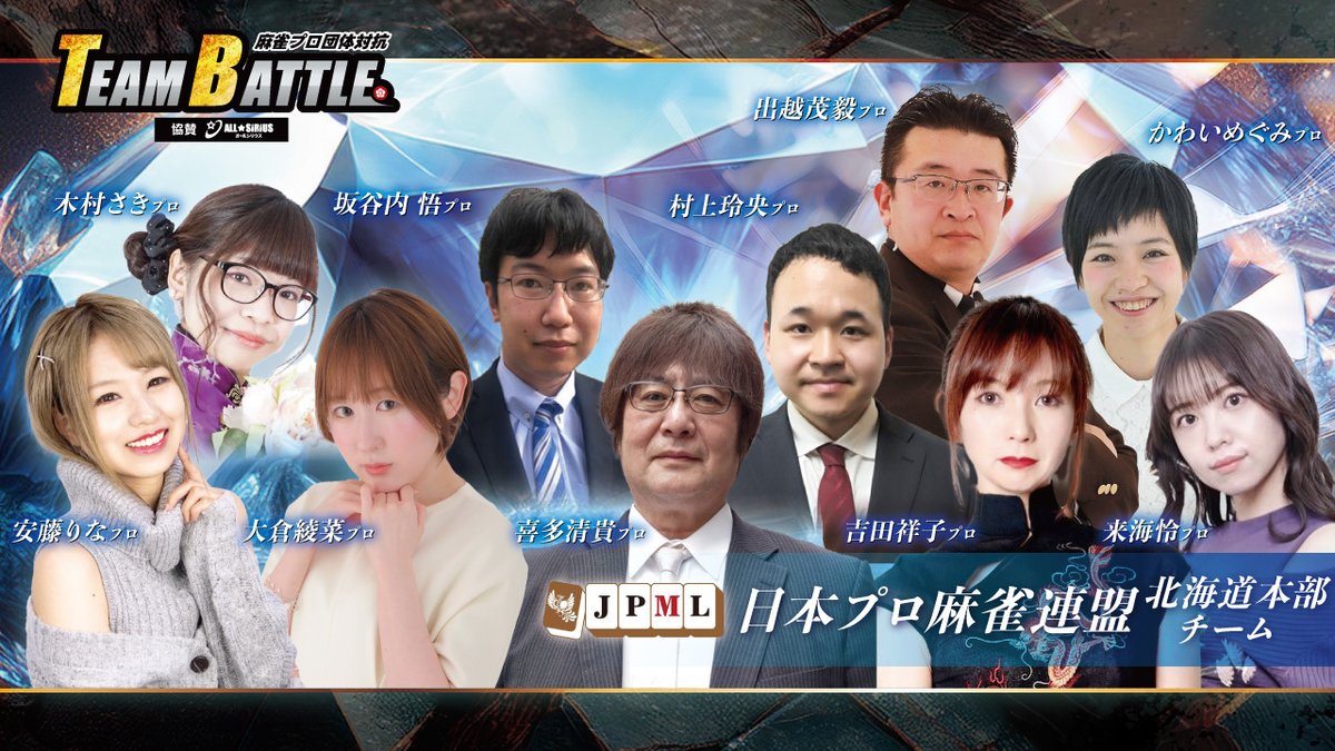 jan39com's tweet photo. 【麻雀プロ団体対抗 TEAM BATTLE 第1節 対局選手発表】
全8チームのプライドを賭けた対局が5/13(火)13時~いよいよ開幕!出場予定選手はこちら!
日本プロ麻雀連盟
北海道本部:吉田祥子・村上玲央
中部本部:山本拓哉・三戸亮祐
関西本部:桑田憲汰・川上直也
静岡支部:太田昌樹・岡本和也 https://t.co/fo3qfqANBd