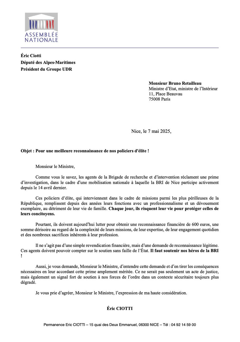 eciotti's tweet photo. À Nice comme partout en France, la BRI se mobilise pour obtenir quelques centaines d’euros de plus. Ces agents traquent les terroristes, affrontent les pires criminels, interviennent là où personne ne va : je demande au ministre de l’Intérieur de leur accorder enfin la prime qu’ils méritent amplement !