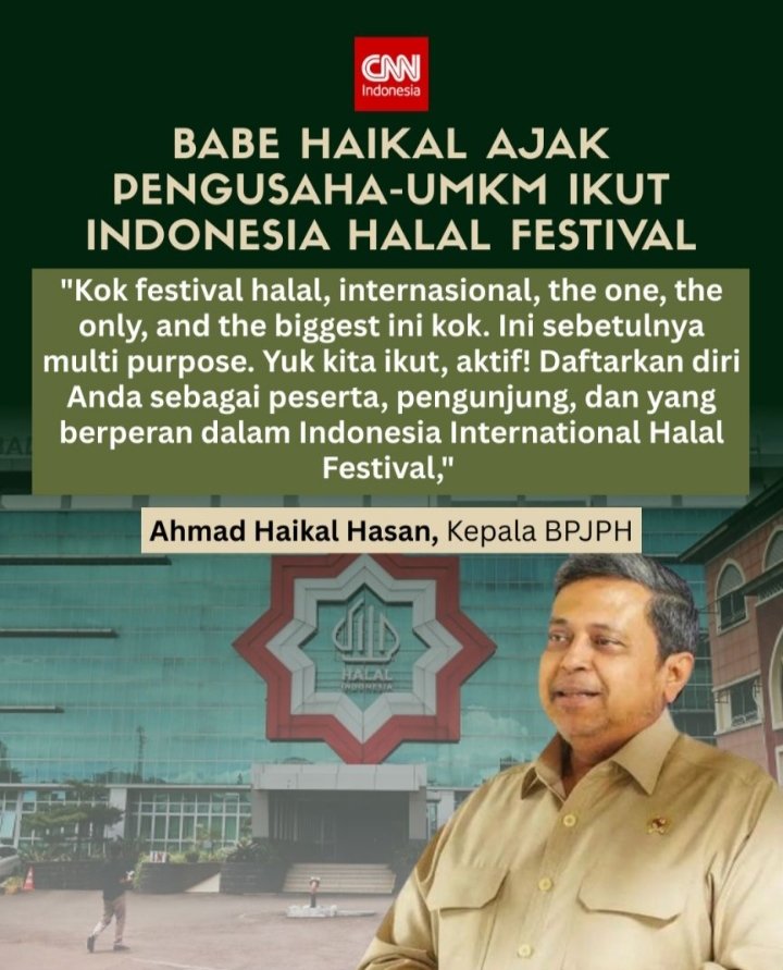 Yuk ikuti Indonesia International Halal Festival tanggal 20-22 Juni 2025 di JICC, segera daftar dan kumpul bersama pengusaha-UMKM #IIHC #IIHC2025 #HalalIndonesia #YangPentingHalal #BPJPH #SertifikasiHalal #BabeHaikalrnrnGunakan