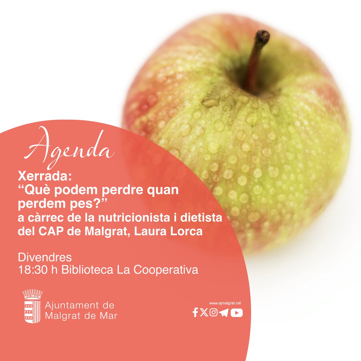 📅 𝘈𝘨𝘦𝘯𝘥𝘢 𝘥'𝘢𝘷𝘶𝘪 𝘥𝘪𝘷𝘦𝘯𝘥𝘳𝘦𝘴

🗣️𝗫𝗲𝗿𝗿𝗮𝗱𝗮
🩺🍎 "Què podem perdre quan perdem pes?" a càrrec de la nutricionista i dietista del CAP de Malgrat, Laura Lorca

⌚️18:30 h
📍Biblioteca La Cooperativa

#malgratdemar #salut