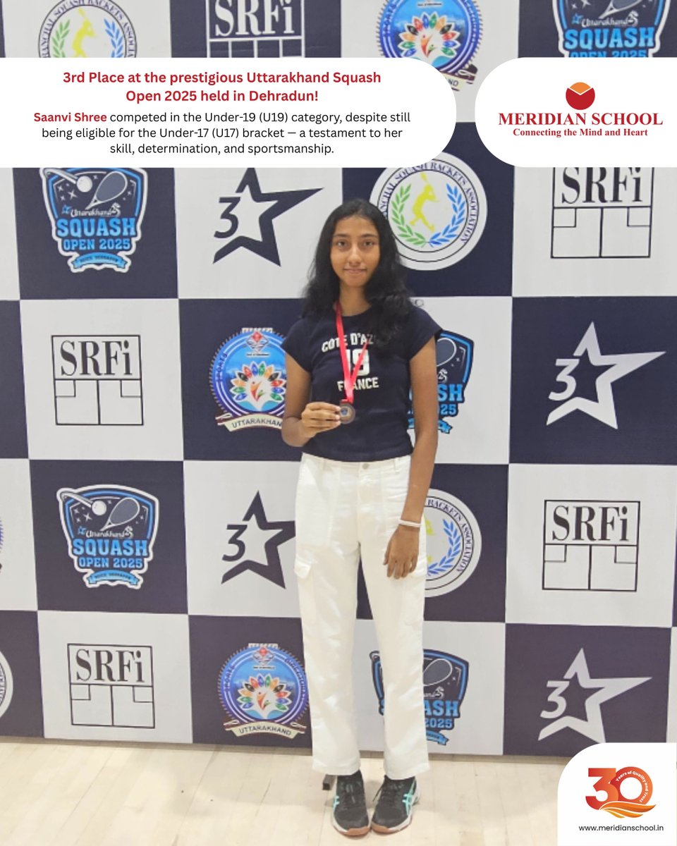 meridianschol's tweet image. Huge congratulations to Saanvi Shree from Meridian School for securing 3rd place at the prestigious Uttarakhand Squash Open 2025 in Dehradun! 

#MeridianPride #SquashStar #UttarakhandOpen2025 #MeridianSchool #MeridianMadhapur #MeridianBanjara #MeridianKukatpally #ibpyp