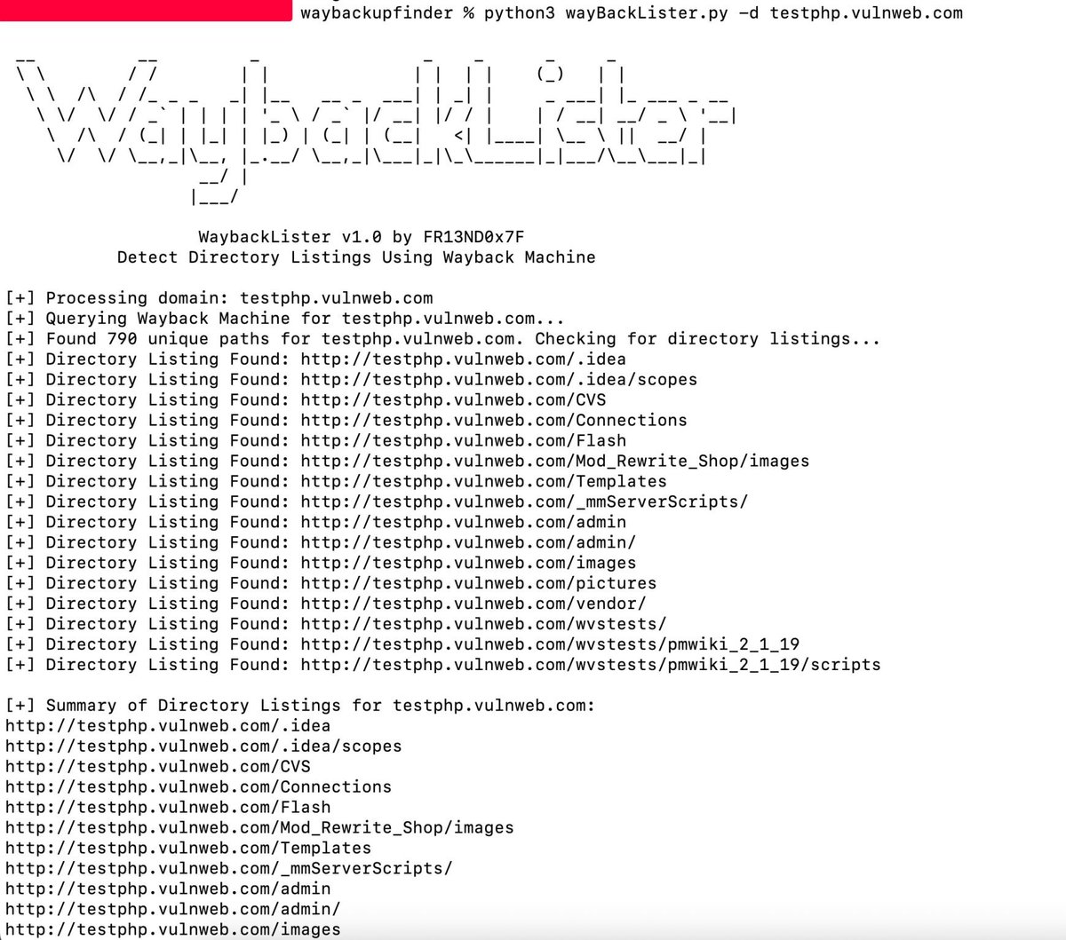 WaybackLister es una herramienta de reconocimiento que aprovecha la máquina Wayback para obtener URL históricas para un dominio, analiza las rutas únicas y verifica si alguna de esas rutas actualmente expone los listados de directorio.Es rápido, múltiple y creado para