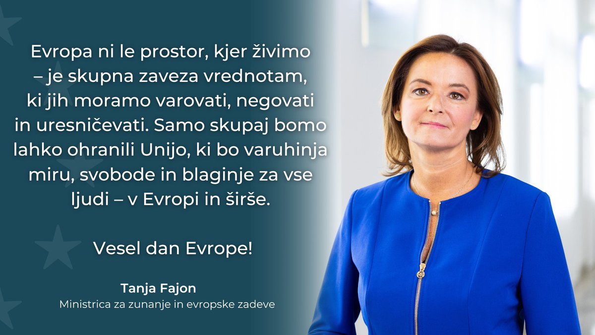 Na #DanEvrope poudarjamo pomen sodelovanja evropskih držav, državljank in državljanov pri oblikovanju skupnega evropskega prostora ter varovanju naših vrednot.

Samo skupaj bomo lahko ohranili #EU 🇪🇺, ki bo varuhinja miru, svobode, in blaginje.