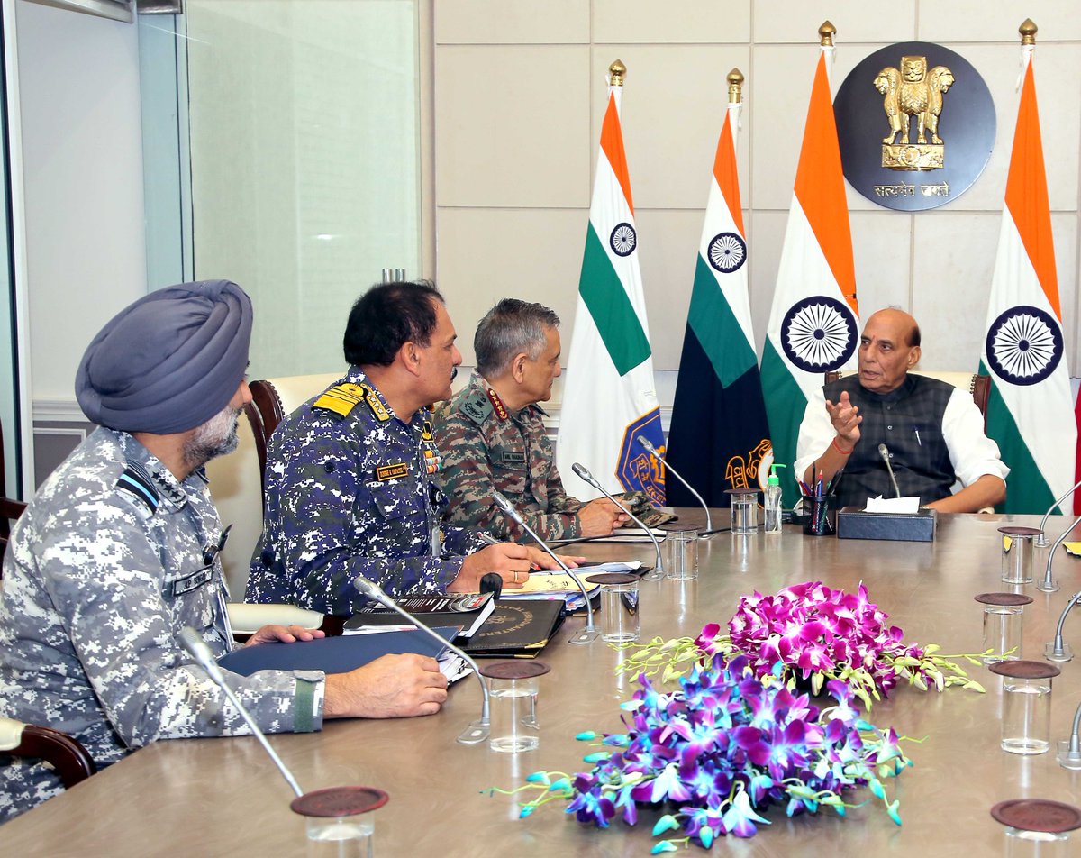 Ministry of Defence, Government of India (@spokespersonmod) on Twitter photo Raksha Mantri Shri <a href="/rajnathsingh/">Rajnath Singh</a> today chaired a high-level meeting at South Block, New Delhi to review the security situation along the western border and operational preparedness of the Indian #ArmedForces. Chief of Defence Staff General Anil Chauhan, Chief of the Army Staff Raksha Mantri Shri <a href="/rajnathsingh/">Rajnath Singh</a> today chaired a high-level meeting at South Block, New Delhi to review the security situation along the western border and operational preparedness of the Indian #ArmedForces. Chief of Defence Staff General Anil Chauhan, Chief of the Army Staff