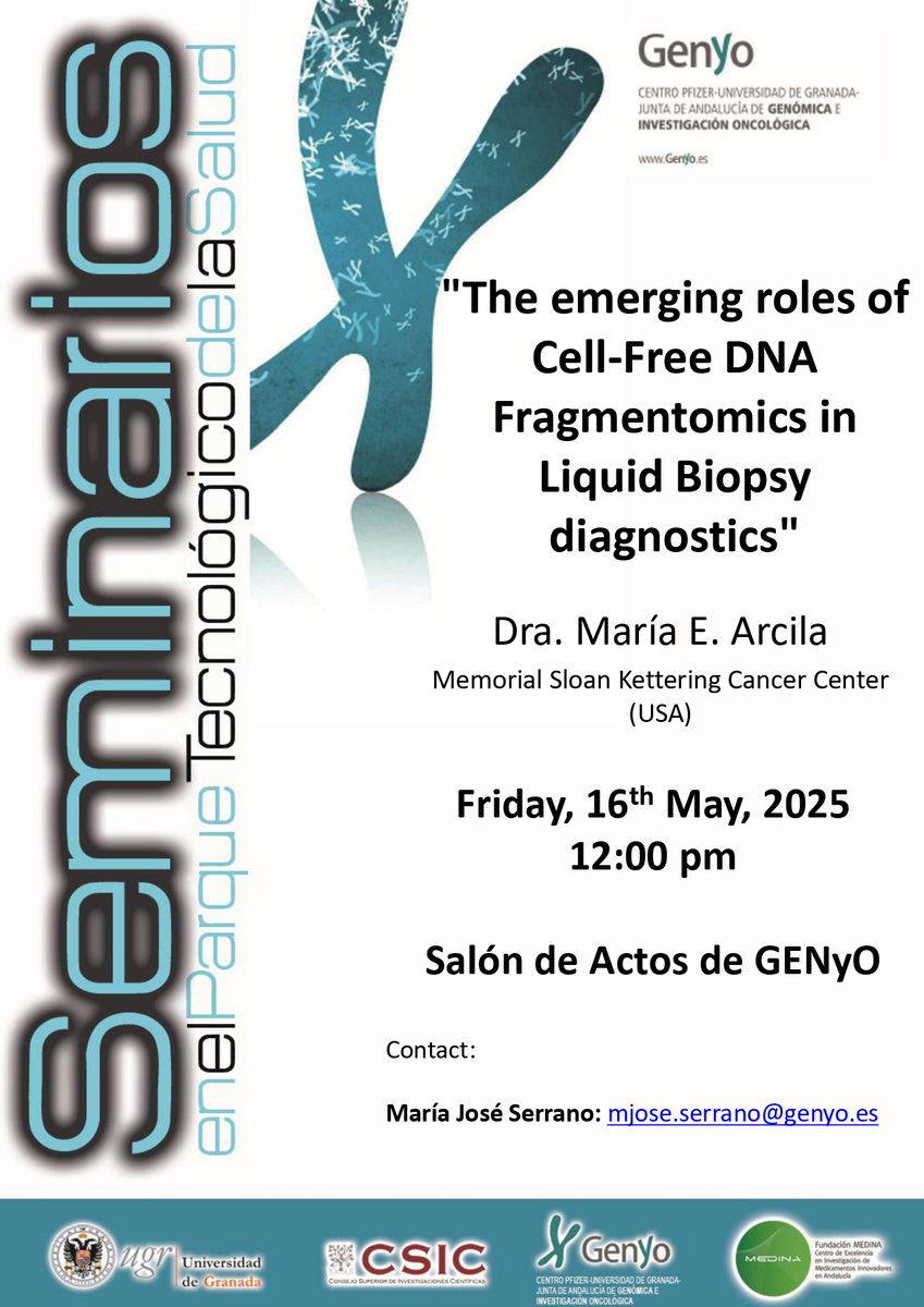 GENYO (@genyo_pts) on Twitter photo 📣Don't miss our #SeminarioExterno!
👩🔬Dra. María E. Arcila (Memorial Sloan Kettering Cancer Center) <a href="/MSKCancerCenter/">Memorial Sloan Kettering Cancer Center</a>
📅Viernes, 16 de mayo, 2025
🕛12:00h
📍Salón de actos de GENyO 📣Don't miss our #SeminarioExterno!
👩🔬Dra. María E. Arcila (Memorial Sloan Kettering Cancer Center) <a href="/MSKCancerCenter/">Memorial Sloan Kettering Cancer Center</a>
📅Viernes, 16 de mayo, 2025
🕛12:00h
📍Salón de actos de GENyO