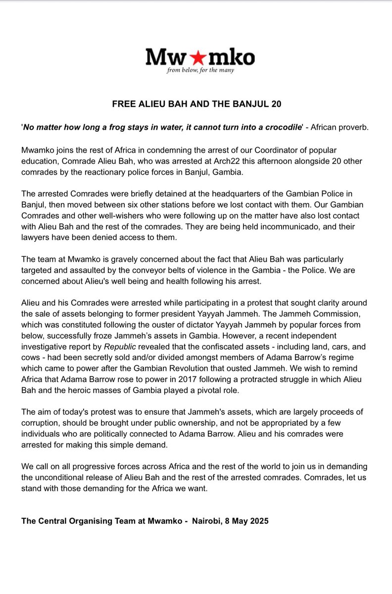 AAfrikki's tweet image. Activism is not a crime. 
«Alieu Bah and his Comrades were arrested while participating in a protest that sought clarity around
the sale of assets belonging to former president Yayyah Jammeh » Mwamko statement.
