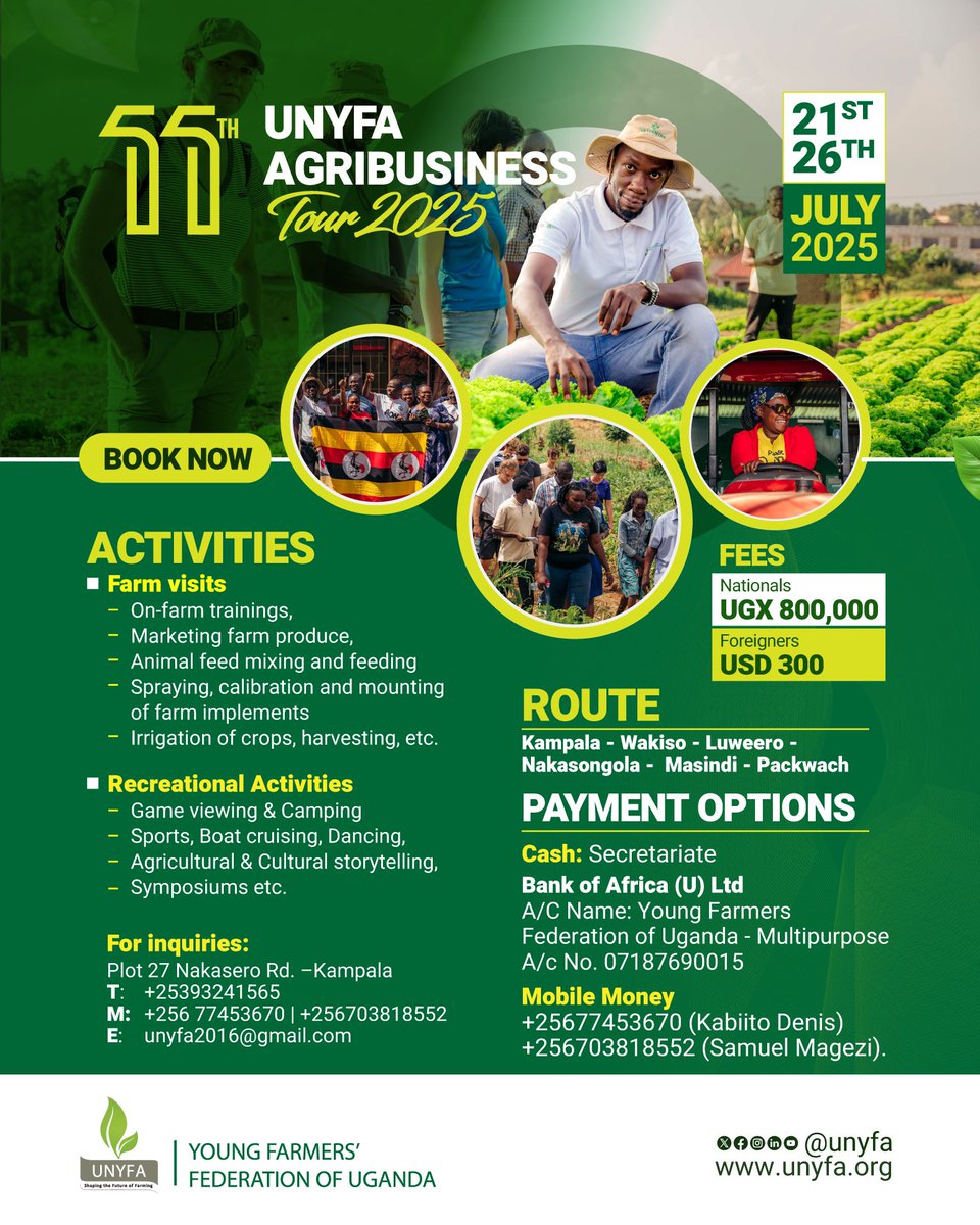 UNYFA (@unyfa1) on Twitter photo Are you trying to find an activity that would be both enjoyable and educational? 
We have you covered with our agribusiness tour.  
It will take place from July 21-26 and gives attendees a chance to network and promote their agricultural products etc.
#AgribusinessTour Are you trying to find an activity that would be both enjoyable and educational? 
We have you covered with our agribusiness tour.  
It will take place from July 21-26 and gives attendees a chance to network and promote their agricultural products etc.
#AgribusinessTour