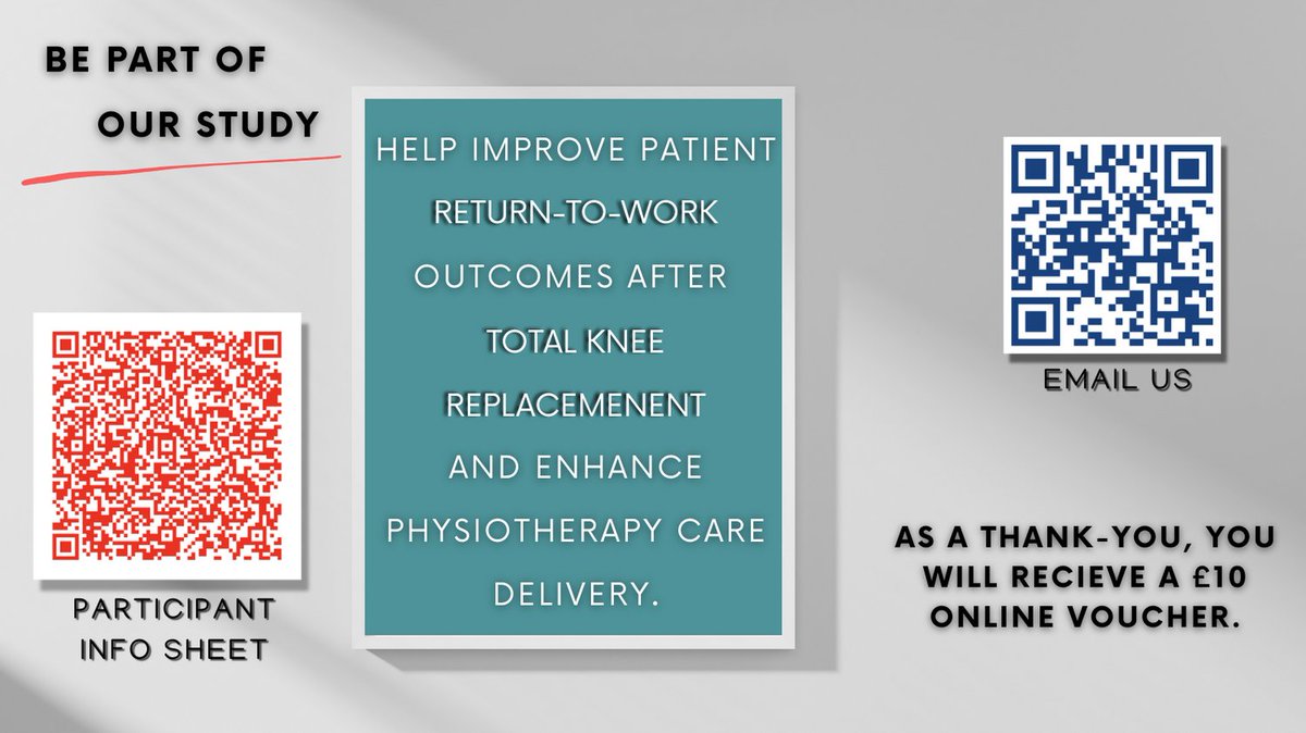 Are you a UK HCPC physiotherapist?

Join our study exploring experiences of rehabilitating people returning to employment after Total Knee Replacement. 

Participant Information Sheet: bham-my.sharepoint.com/personal/acp82…

As a thank you for your valuable time, you’ll receive a £10 online
