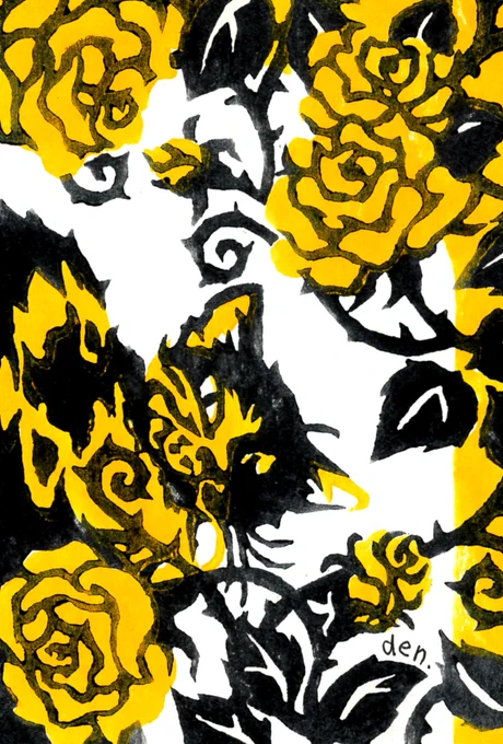 『yellow 』 つるバラミモザ、山吹、蝋梅、菜の花、タンポポ。好きな黄色の花はたくさんある。サビ猫は猫描きにとって腕の見せ所だと思う。ややこしくてわけわかんなくなっちゃう。そこにつるバラというさらにややこしい花を取り合わせる暴挙。 