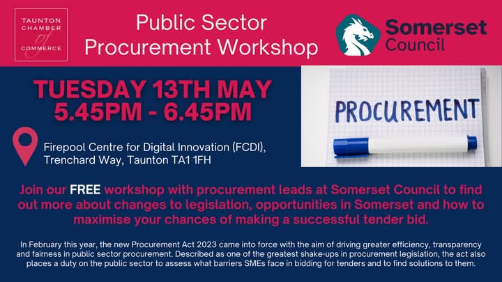 **NEXT TUES EVE** Come to our FREE Public Sector Procurement Workshop with Somerset Council to find out more about changes to legislation, opportunities in Somerset and how to maximise your chances of making a successful tender bid. &gt;&gt;eventbrite.co.uk/e/free-public-… No charge to attend.