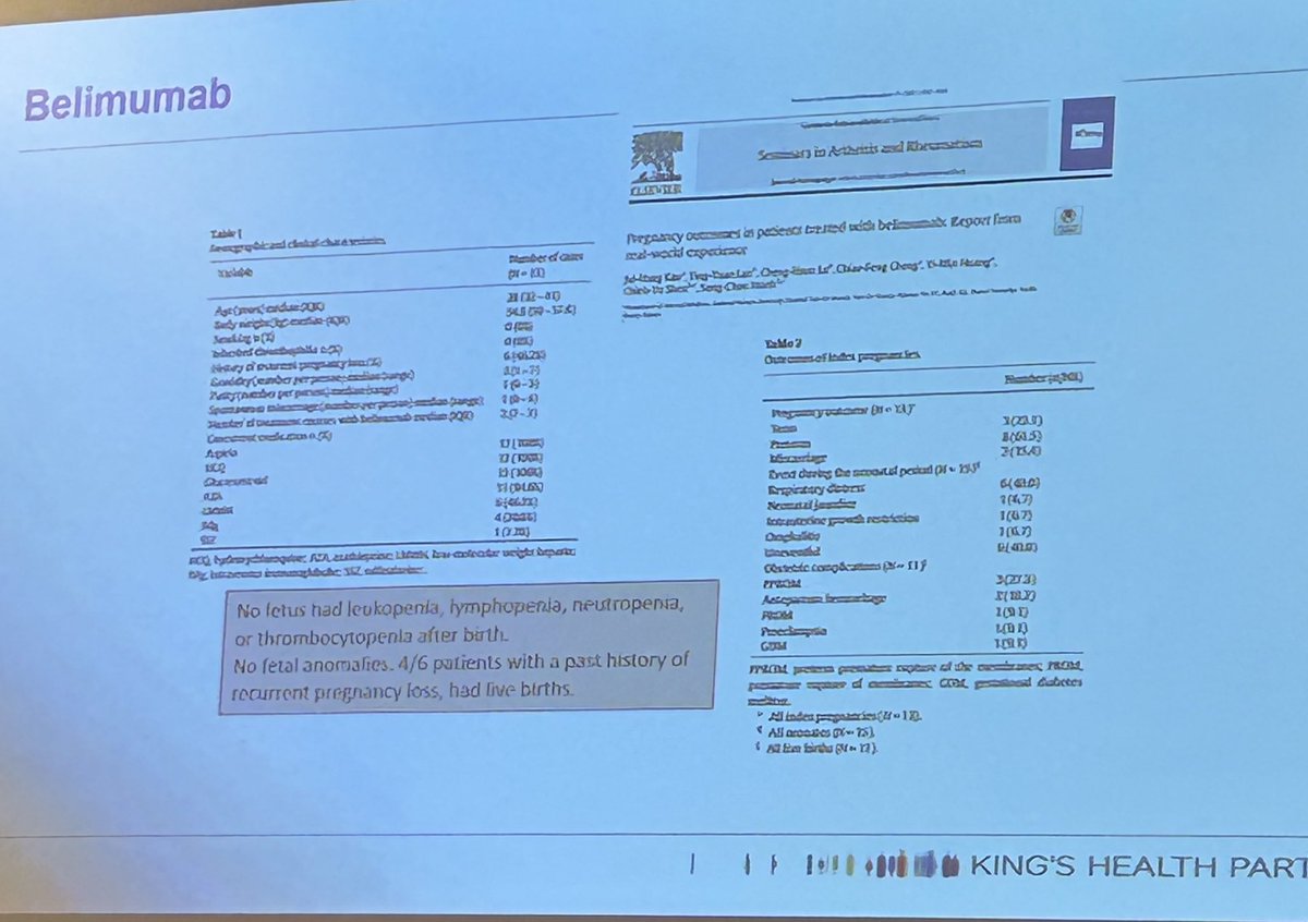 Cassy Sims, MD (@drcassysims) on Twitter photo Belimumab in pregnancy? <a href="/RheumNow/">Dr. John Cush</a>
🤰Most available data (n=80 pregnancies) stopped belimumab before the 2nd trimester with no safety signals with this data.
🤰In a case series (n=14) pregnancy outcomes were better in women who continued belimumab throughout pregnancy Belimumab in pregnancy? <a href="/RheumNow/">Dr. John Cush</a>
🤰Most available data (n=80 pregnancies) stopped belimumab before the 2nd trimester with no safety signals with this data.
🤰In a case series (n=14) pregnancy outcomes were better in women who continued belimumab throughout pregnancy