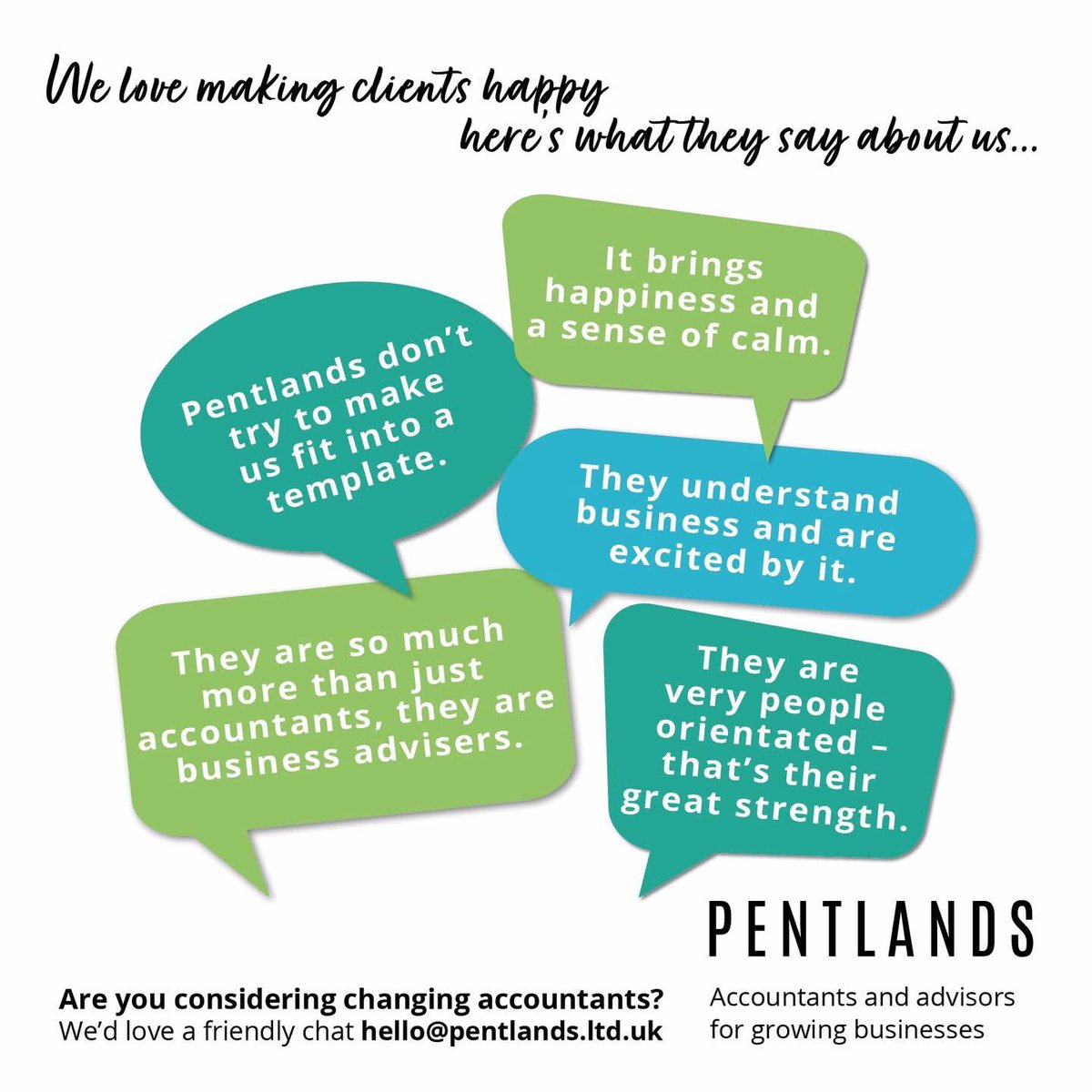 Pentlands Tax (@pentlandstax) on Twitter photo Who’s got that feel good Friday feeling 🤩
We have 🙌 We love making our clients happy 😃 here’s what they say about us …
If you are thinking of switching #accountant, get in touch!
📧 hello@pentlands.ltd.uk or ☎️ 01926 424455
#accounting #business #feelgoodfriday Who’s got that feel good Friday feeling 🤩
We have 🙌 We love making our clients happy 😃 here’s what they say about us …
If you are thinking of switching #accountant, get in touch!
📧 hello@pentlands.ltd.uk or ☎️ 01926 424455
#accounting #business #feelgoodfriday