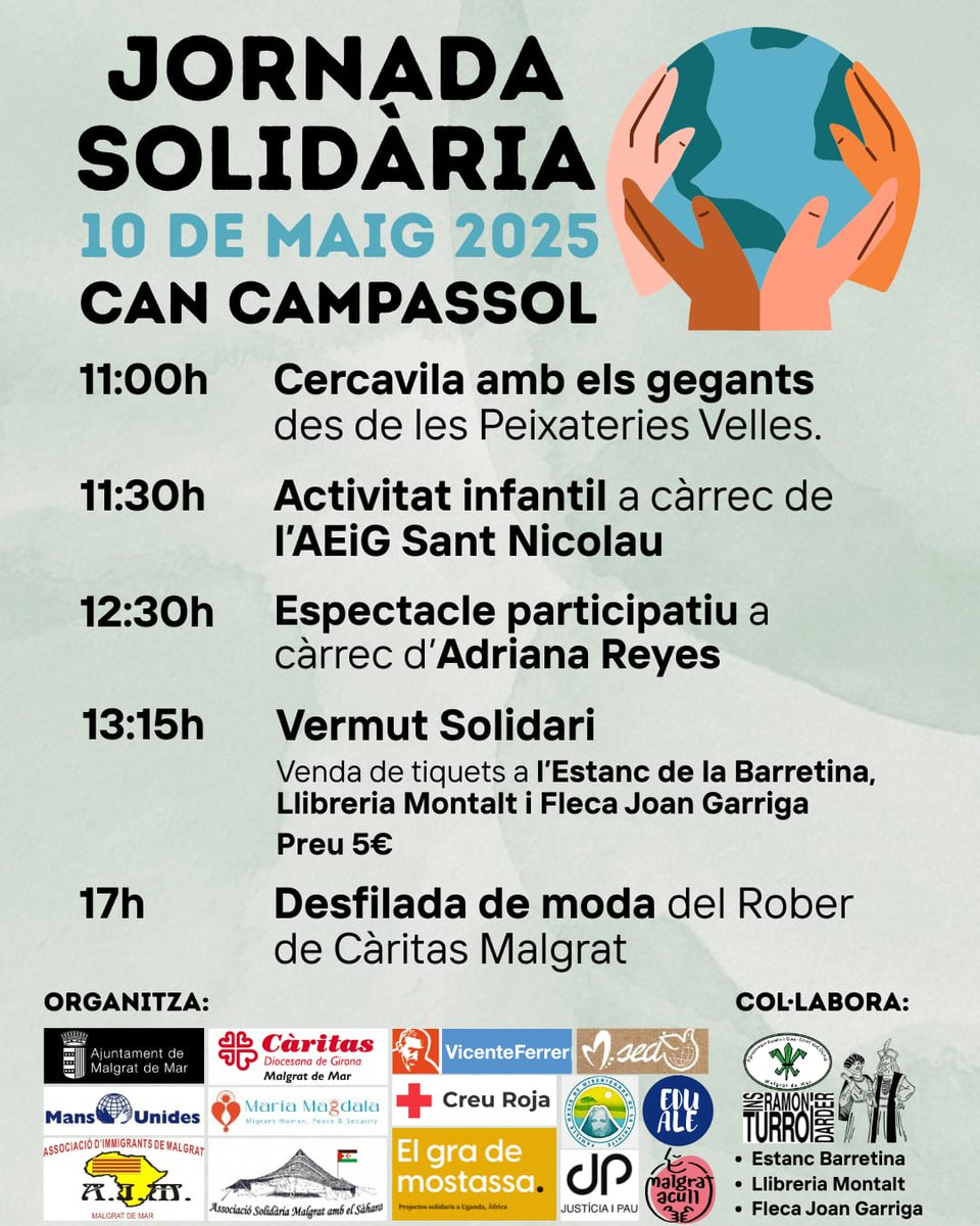 📅𝘈𝘨𝘦𝘯𝘥𝘢 𝘥𝘦 𝘥𝘦𝘮à 𝘥𝘪𝘴𝘴𝘢𝘣𝘵𝘦

🤝🌍𝟯𝗮 𝗝𝗼𝗿𝗻𝗮𝗱𝗮 𝗦𝗼𝗹𝗶𝗱à𝗿𝗶𝗮 

⌚️Matí i tarda
📍Parc de Can Campassol

#malgratdemar #solidaritacooperacio