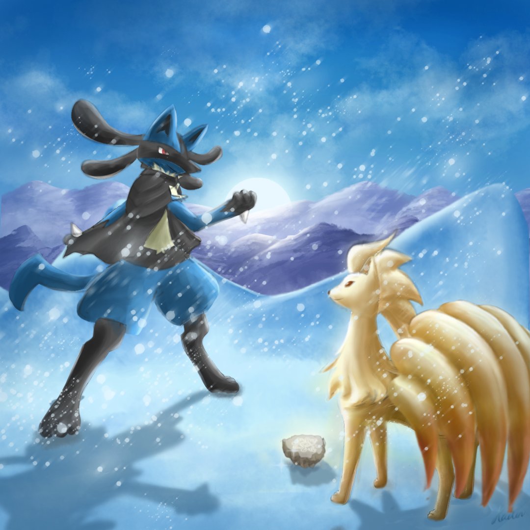 Homework_sis's tweet image. Commission for @BrickBrooke! Inspired from Pokémon mystery dungeon, Lucario visits Ninetales on Mt Freeze to catch up after parting during their travels. He shows off a relic to Ninetales, and they continue to remain as good friends!:) #pokemonart #VGen