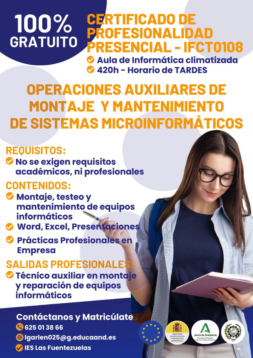 🔴 𝗖𝗘𝗥𝗧𝗜𝗙𝗜𝗖𝗔𝗗𝗢 𝗗𝗘 𝗣𝗥𝗢𝗙𝗘𝗦𝗜𝗢𝗡𝗔𝗟𝗜𝗗𝗔𝗗 🔴

🔶 Operaciones Auxiliares de Montaje y Mantenimiento de Sistemas Microinformáticos

👉 Destinado a mayores de 18 años y a jóvenes mayores de 16 años que no estén en el sistema educativo.

¡Apúntate!