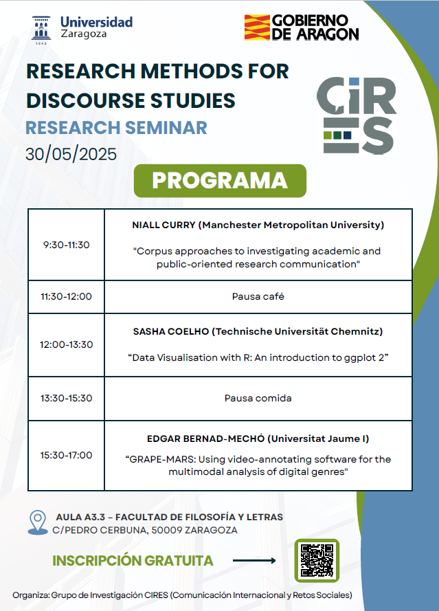 Genci 2.0 (@digital_genres) on Twitter photo The #CIRES group organises the seminar "Research Methods for Discourse Studies", with 3 workshops led by:
🔵Niall Curry (<a href="/ManMetUni/">Manchester Metropolitan Uni</a>)
🟢Sasha Coelho (<a href="/HochschulratTUC/">Hochschulrat Technische Universität Chemnitz</a>)
⚫️Edgar Bernad-Mechó (<a href="/UJIuniversitat/">Universitat Jaume I</a>)
Registration is FREE and open to all!
👉 forms.gle/VhXXcYx1fUDWPX… The #CIRES group organises the seminar "Research Methods for Discourse Studies", with 3 workshops led by:
🔵Niall Curry (<a href="/ManMetUni/">Manchester Metropolitan Uni</a>)
🟢Sasha Coelho (<a href="/HochschulratTUC/">Hochschulrat Technische Universität Chemnitz</a>)
⚫️Edgar Bernad-Mechó (<a href="/UJIuniversitat/">Universitat Jaume I</a>)
Registration is FREE and open to all!
👉 forms.gle/VhXXcYx1fUDWPX…