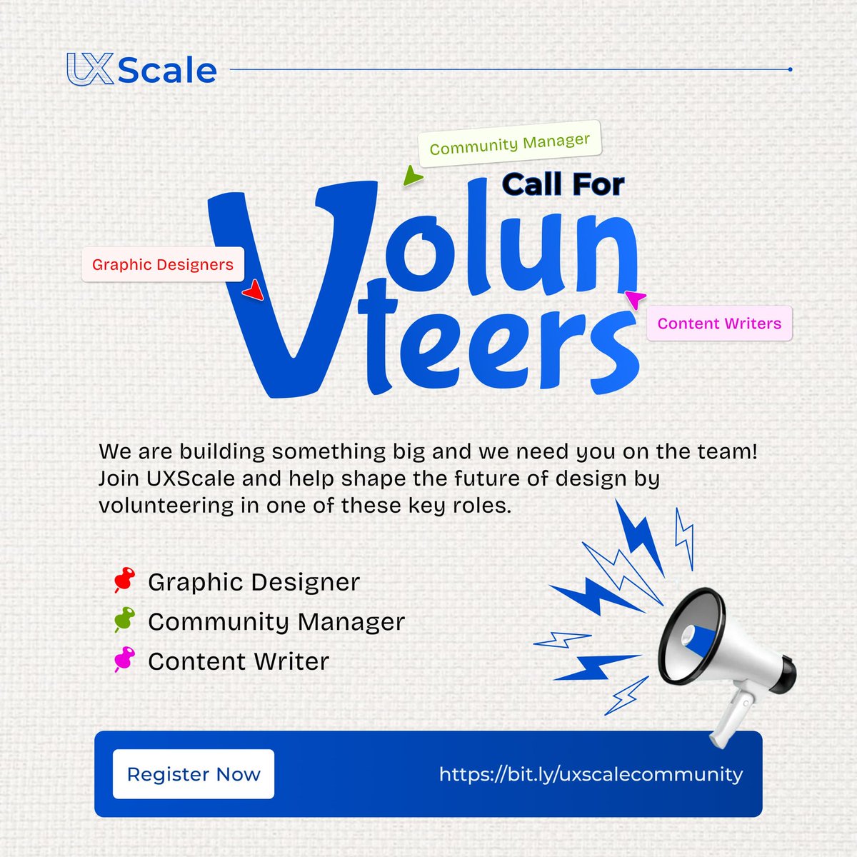 UX_Scale's tweet photo. Call for volunteers* 🔊🔊
Are you passionate about Design, Writing, or Community Building?
Join UX Scale as a Volunteer and be part of a growing community making impact through creativity and collaboration!
Apply here: https://t.co/N4R4J1MUYl
#designer #ux #uxscale https://t.co/sPAMwlrzsx