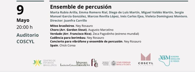 CEB/Univ. Salamanca (@cebusal) on Twitter photo Hoy viernes, 09 de mayo, a las 20hs, en el Auditorio
<a href="/COSCYL/">COSCYL</a> (C. del Lazarillo de Tormes, 54-70 #Salamanca), cuarto y último concierto del II Festival de Música de Cámara Brasileña
Entrada libre
Organizan <a href="/cebusal/">CEB/Univ. Salamanca</a> <a href="/usal/">Universidad de Salamanca</a> @coscyl
Colaboran <a href="/SAC_Usal/">Servicio de Actividades Culturales USAL</a> #FCHB
Apoyo: <a href="/jcyl/">Junta de Castilla y León</a> Hoy viernes, 09 de mayo, a las 20hs, en el Auditorio
<a href="/COSCYL/">COSCYL</a> (C. del Lazarillo de Tormes, 54-70 #Salamanca), cuarto y último concierto del II Festival de Música de Cámara Brasileña
Entrada libre
Organizan <a href="/cebusal/">CEB/Univ. Salamanca</a> <a href="/usal/">Universidad de Salamanca</a> @coscyl
Colaboran <a href="/SAC_Usal/">Servicio de Actividades Culturales USAL</a> #FCHB
Apoyo: <a href="/jcyl/">Junta de Castilla y León</a>
