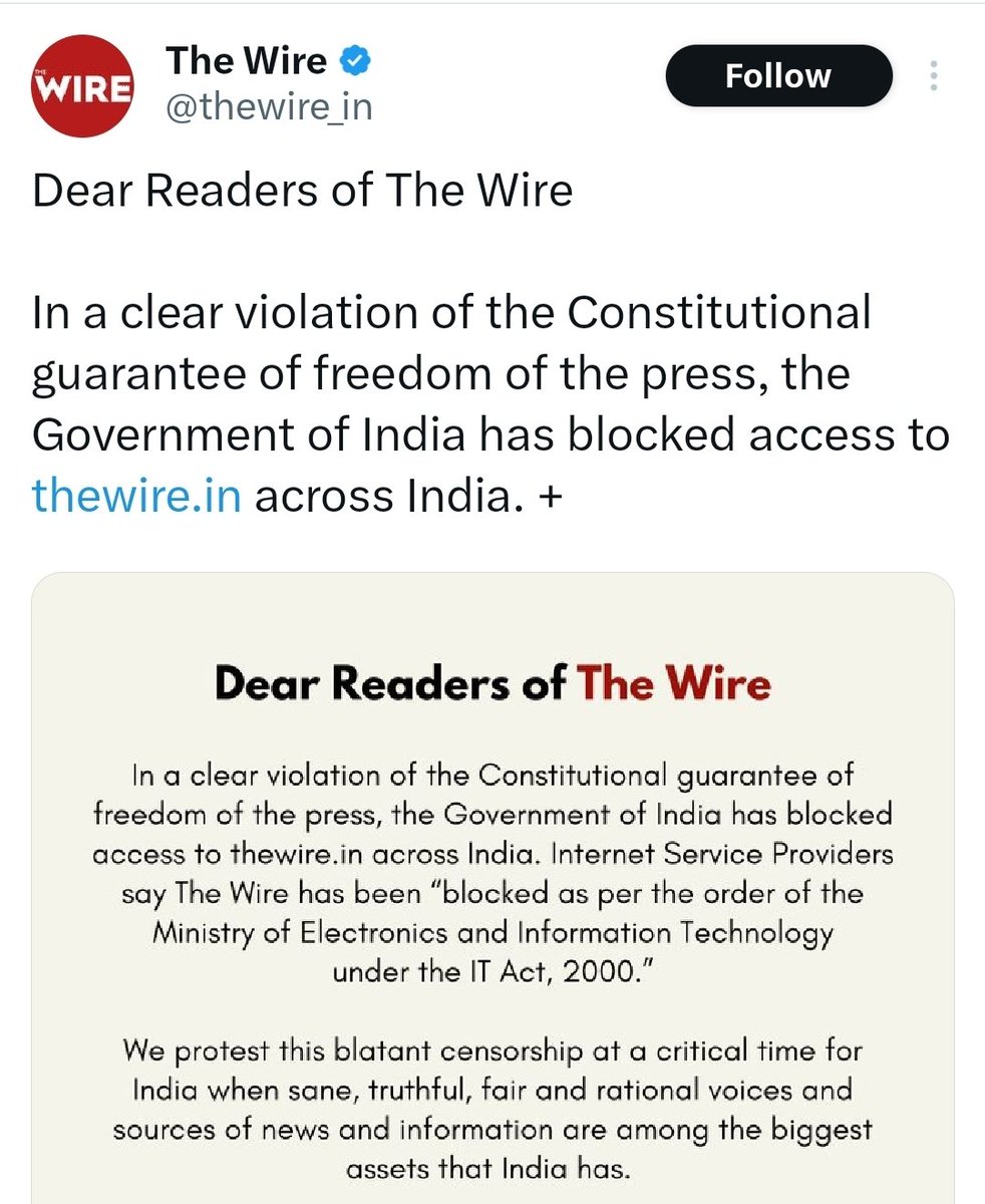 Mrsinha's tweet photo. Dear @MIB_India, The Wire claims that it's banned in India but somehow it's still accessible in India.

Please do the needful...!! https://t.co/NefbNmRkOo