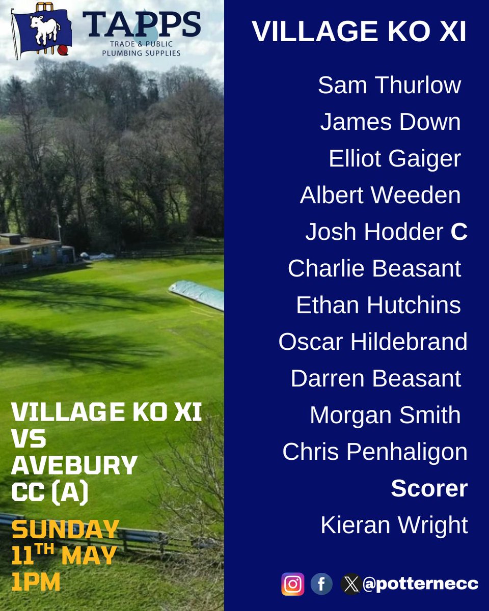 Here are your Senior Teams for the weekend! As always come along and show your support!  🌞🏏🍻🍦🌞
On Sunday 11th
🏏 The National KO vs Old Tauntonians (H)
🏏  The Village KO vs @aveburycc (A)