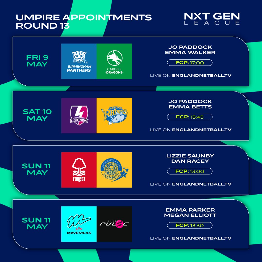 It’s time to reveal the umpire appointments for Round 13 of the NXT Gen League.

🎥 Don’t miss a moment—watch live: englandnetball.tv

#OfficiatingFamily