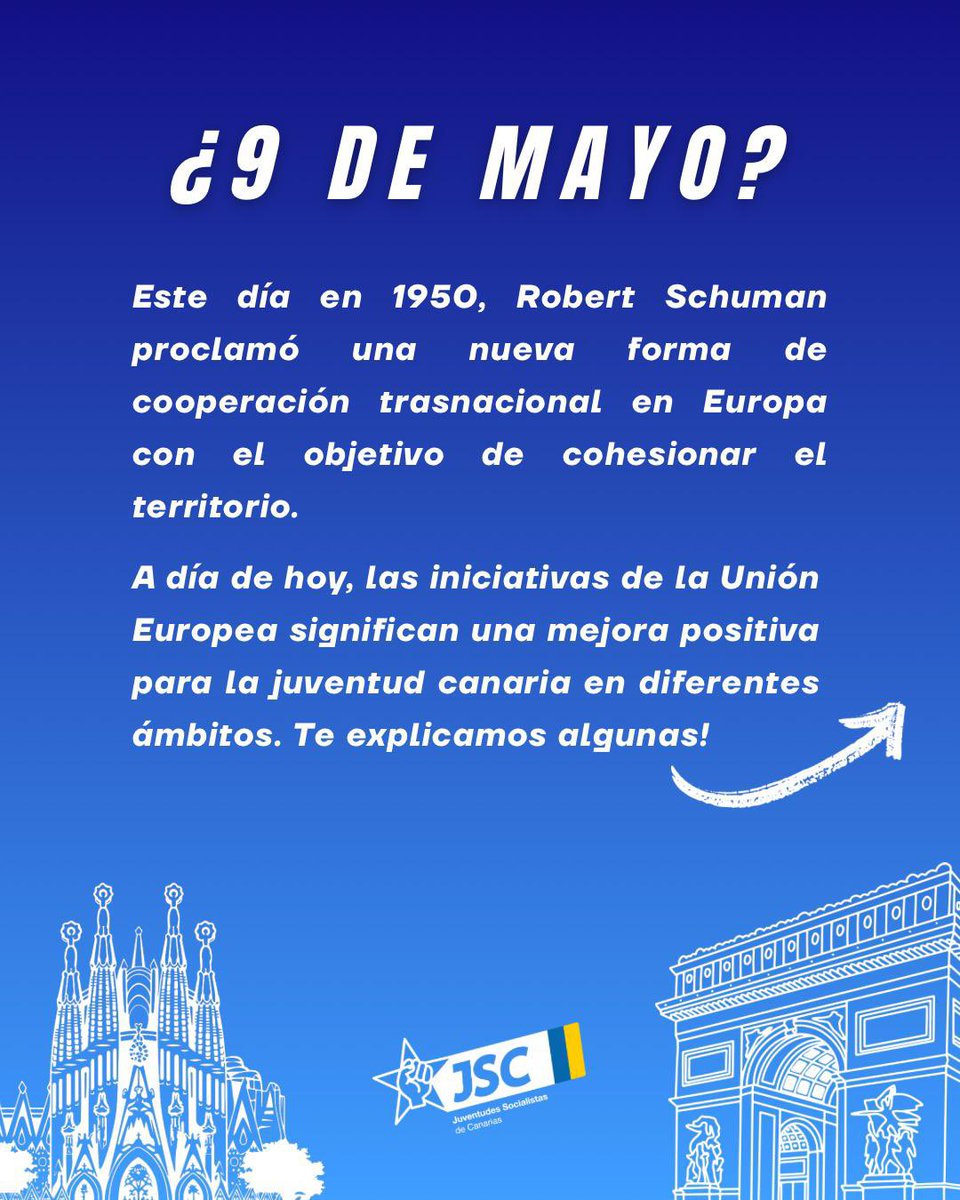 🇪🇺Hoy conmemoramos 75 años desde que se forjaron las bases del proyecto europeo con la Declaración Schuman.

La Unión Europea representa oportunidades juveniles, avance, innovación y desarrollo, en especial, para las RUP.

¡Feliz día de Europa!

#SiembraElCambio