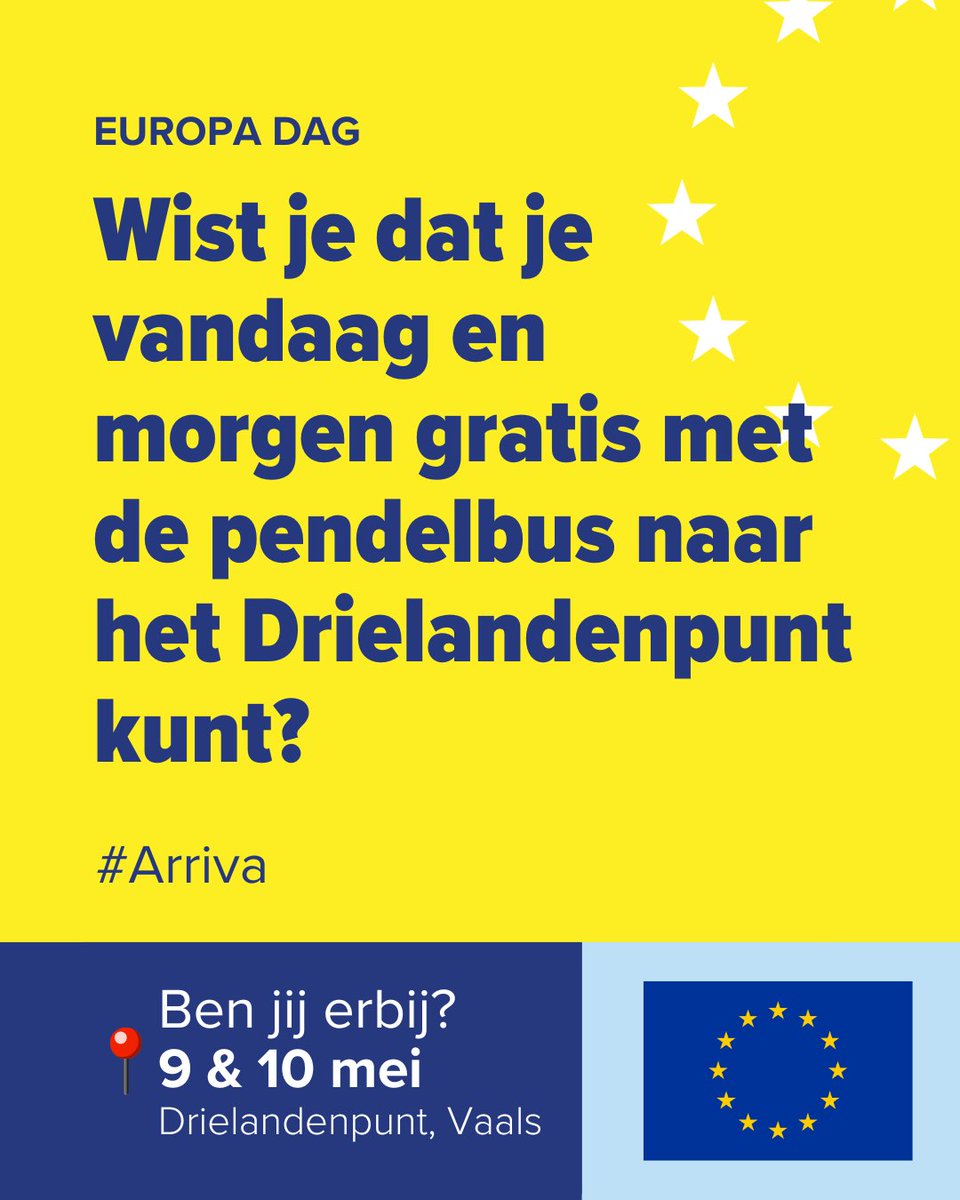 Op 9 &amp; 10 mei naar #Europadag in #Vaals? Reis met Arriva uit de regio én pak de gratis pendelbus die elk half uur van centrum Vaals naar het #Drielandenpunt rijdt. Geen reservering nodig! 

Meer weten?
👉tinyurl.com/ysp8bjc9