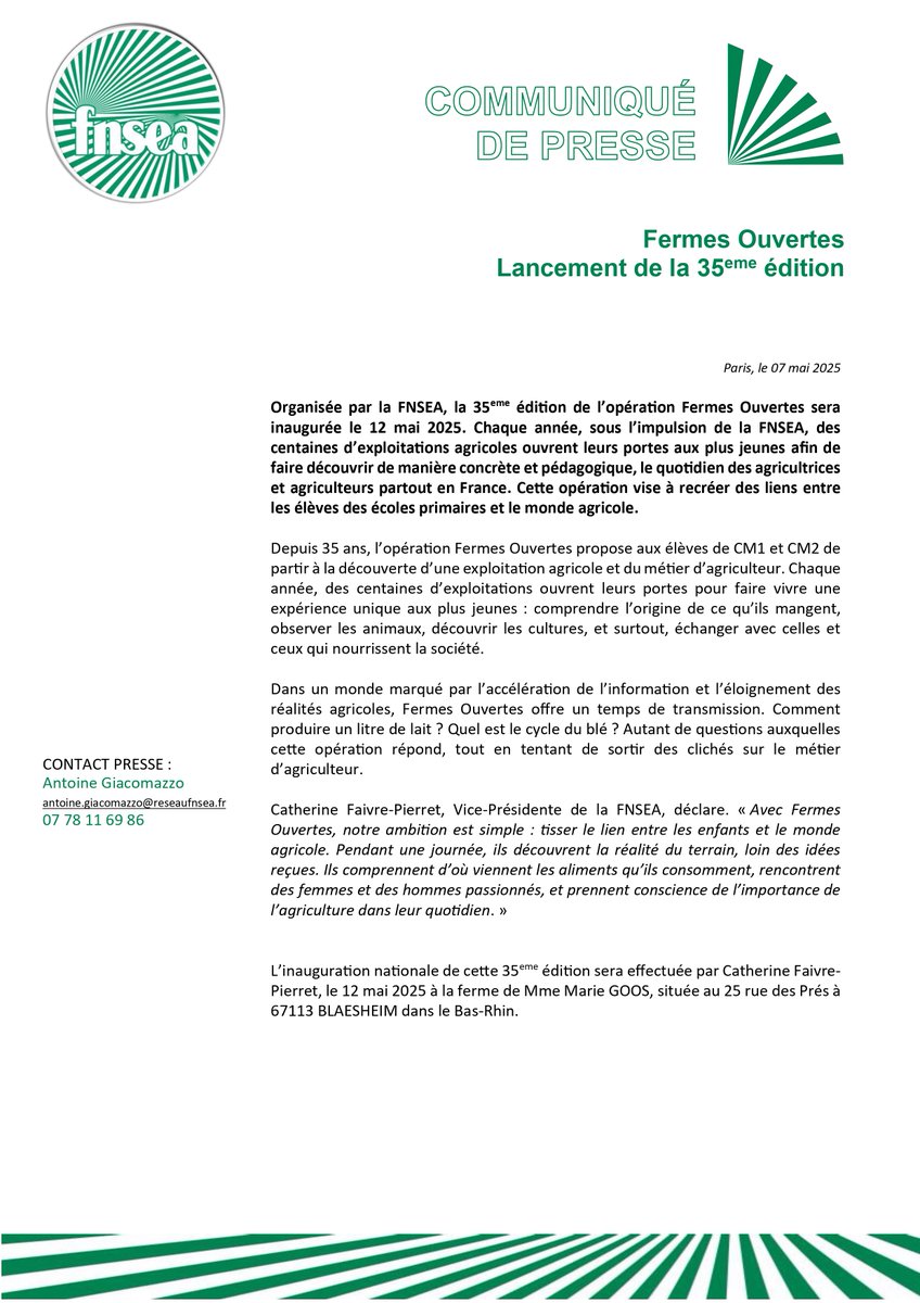 🗞️ Communiqué #FNSEA | 🗓️🚜 Fermes Ouvertes : Lancement de la 35ème édition
-
🔗 bit.ly/FermesOuvertes… 
-
Organisée par la FNSEA, la 35eme édition de l’opération Fermes Ouvertes sera inaugurée le 12 mai 2025. Chaque année, sous l’impulsion de la FNSEA, des centaines