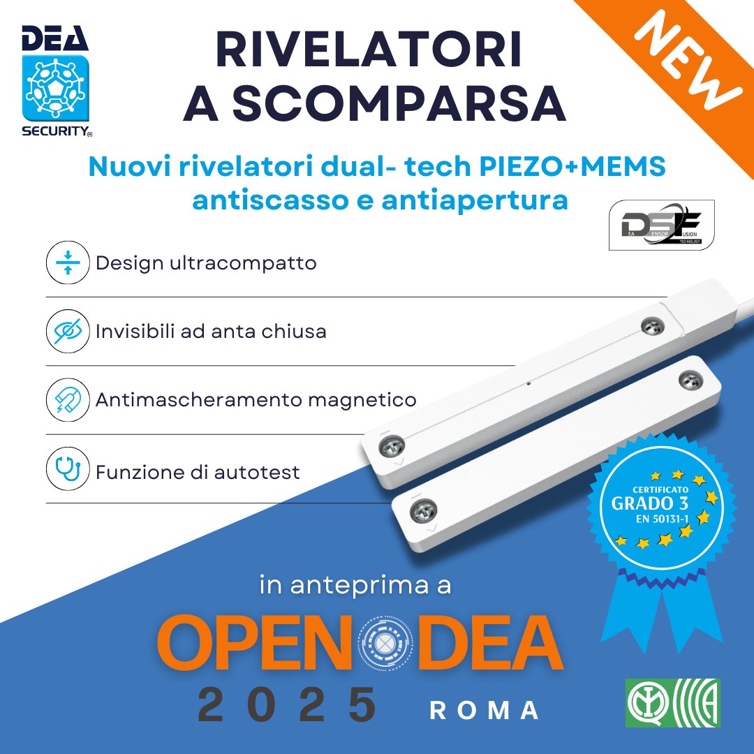 ✨Tutta l’efficacia della doppia tecnologia antiscasso PIEZO+MEMS nel formato di un semplice contatto magnetico. 
👉🏻Vieni a scoprire i nuovi rivelatori antiscasso in anteprima all'#OpenDEARoma2025 che si terrà il prossimo 28 Maggio a Villa Tuscolana.
deasecurity.com/open-dea-roma-…
