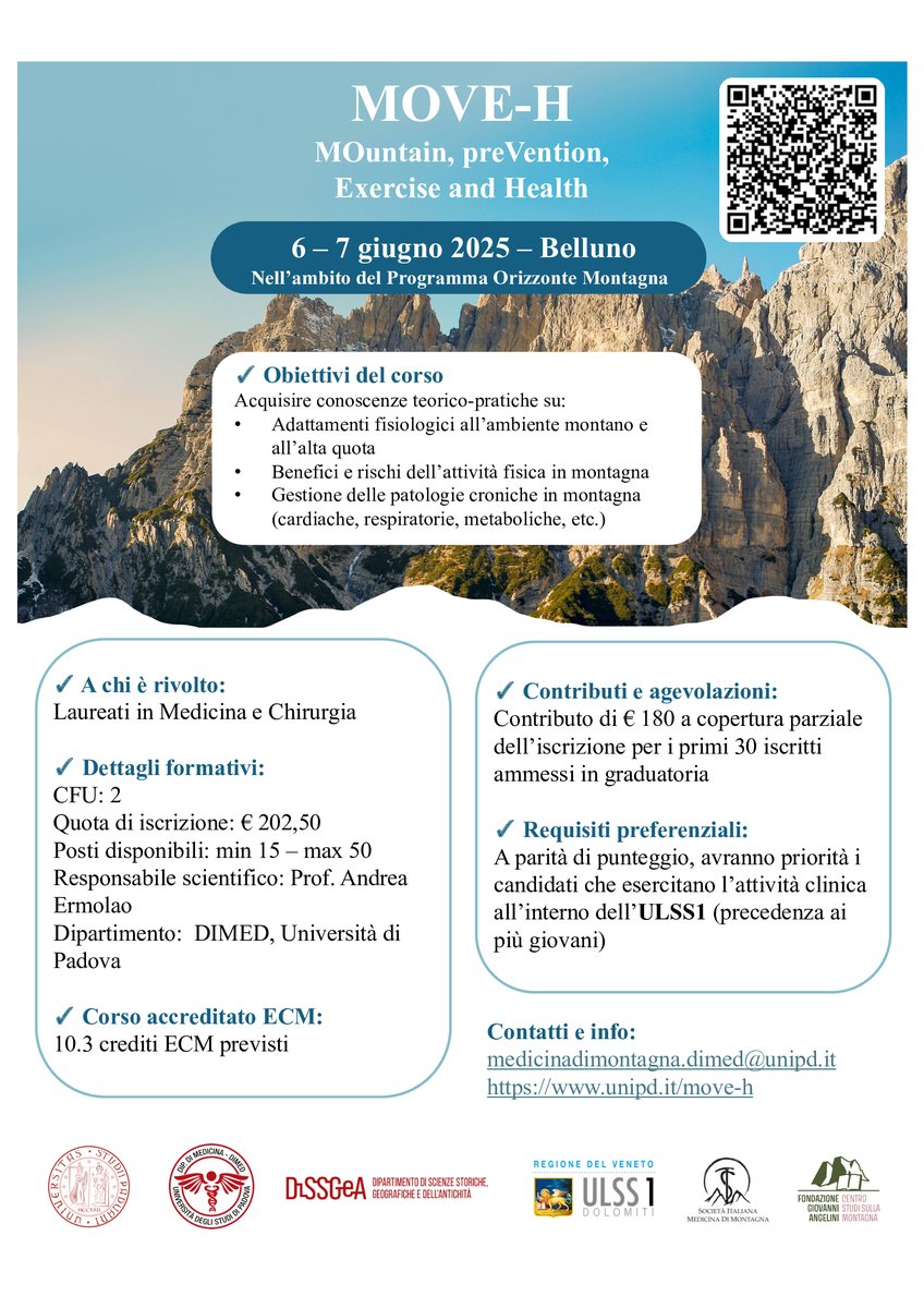 Unipd Medicina (@unipd_medicina) on Twitter photo Corso di aggiornamento professionale
âMontagna, prevenzione, esercizio fisico e saluteâ, che si terrĂ a Belluno presso la Sala Convegni dell'Ospedale San Martino, il 6-7 giugno 2025.
Per info e per iscriversi:
uel.unipd.it/.../move-h-mon⌠<a href="/UniPadova/">Università di Padova</a> Corso di aggiornamento professionale
âMontagna, prevenzione, esercizio fisico e saluteâ, che si terrĂ a Belluno presso la Sala Convegni dell'Ospedale San Martino, il 6-7 giugno 2025.
Per info e per iscriversi:
uel.unipd.it/.../move-h-mon⌠<a href="/UniPadova/">Università di Padova</a>