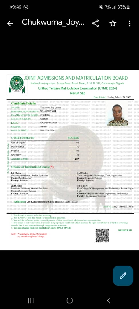 ChukwumaPi27135's tweet image. @JAMBHQ @channelstv @ARISEtv @PeterObi 
Please there is serious technical error with jamb this year. As a retired teacher, the result jamb sent to my daughter this morning is not her result.  This devastating. Hard work rewarded this way? Compare her last year 2025.