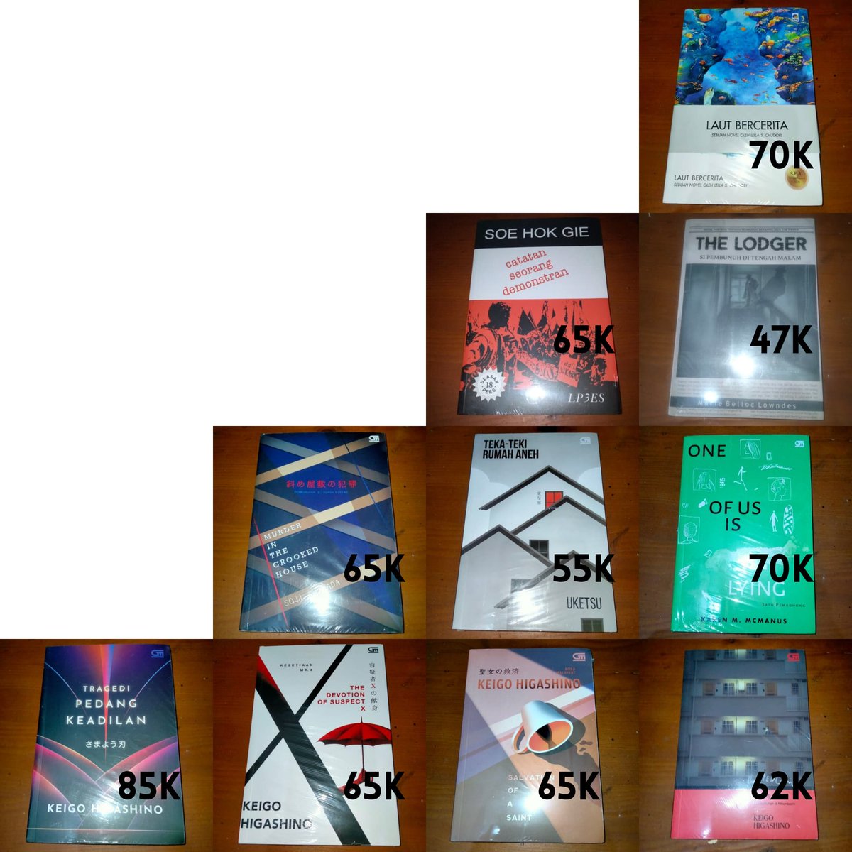 olivairy's tweet photo. Wtb wts novel laut bercerita, catatan seorang demonstran, the lodger, pembunuhan di rumah miring, teka-teki rumah aneh, one of us is lying, tragedi pedang pembunuhan, kesetiaan mr. x, salvation of a saint, dan newcomer. Kondisi semuanya sealed, bisa via oren/ijo (split pay). https://t.co/jbBiYrGVrP