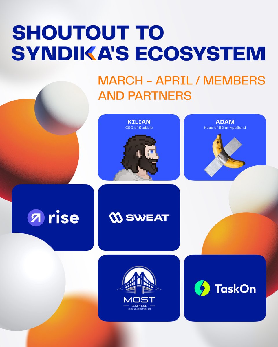 Syndika (@syndika_co) on Twitter photo Shoutout to Syndika’s Ecosystem📢
Over March and April, we’ve built alongside some amazing teams — including <a href="/TaskOnCampaigns/">TaskOn Campaigns🤳</a>, <a href="/SweatEconomy/">SWEAT💧</a>, <a href="/rise_pay/">Rise</a>, and <a href="/MostCapital/">Most Capital Connections</a>.
We also welcomed two new Members to the Syndika syndicate: <a href="/euclidsol/">euclid</a> and <a href="/Adam_MBiz/">Adam | Biz</a> — bringing even more Shoutout to Syndika’s Ecosystem📢
Over March and April, we’ve built alongside some amazing teams — including <a href="/TaskOnCampaigns/">TaskOn Campaigns🤳</a>, <a href="/SweatEconomy/">SWEAT💧</a>, <a href="/rise_pay/">Rise</a>, and <a href="/MostCapital/">Most Capital Connections</a>.
We also welcomed two new Members to the Syndika syndicate: <a href="/euclidsol/">euclid</a> and <a href="/Adam_MBiz/">Adam | Biz</a> — bringing even more