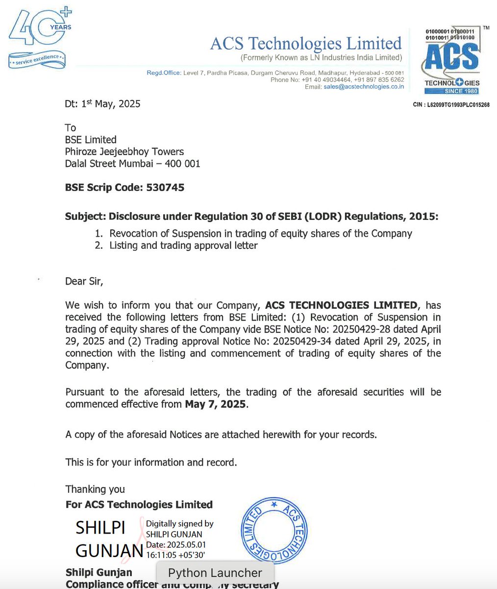 UnlistedZone's tweet image. 📢 ACS Tech is now listed via reverse merger!

LN Industries India Ltd has been renamed as ACS Technologies Ltd, post reverse merger.

✅ Trading of shares resumes from May 7, 2025 on BSE (Scrip Code: 530745).

#NHN #ReverseMerger #ACS #UnlistedShares #StockMarket #BSE