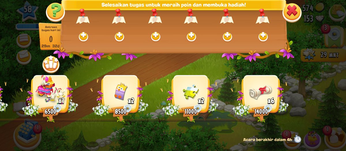 Hai farmer... Usahakan bisa klaim hadiah  sampai yang paling akhir ya... 
Biasanya kalau bisa klaim hadiah akhir nanti akan ada bunga kecil/kupu2 berterbangan, trus kita klik sebanyak2nya bunga2 tsb nanti bisa dapat hadiah dan diamond beberapa biji 😁