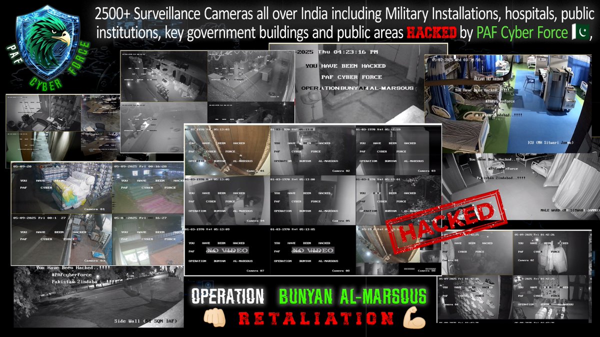 🚨 OPERATION BUNYAN AL-MARSOUS
2,500+ cams HACKED across India — IAF bases, military sites, hospitals, govt buildings &amp; more!
#PAFCyberForce 🇵🇰
#OPERATIONBUNYANALMARSOUS 🇵🇰