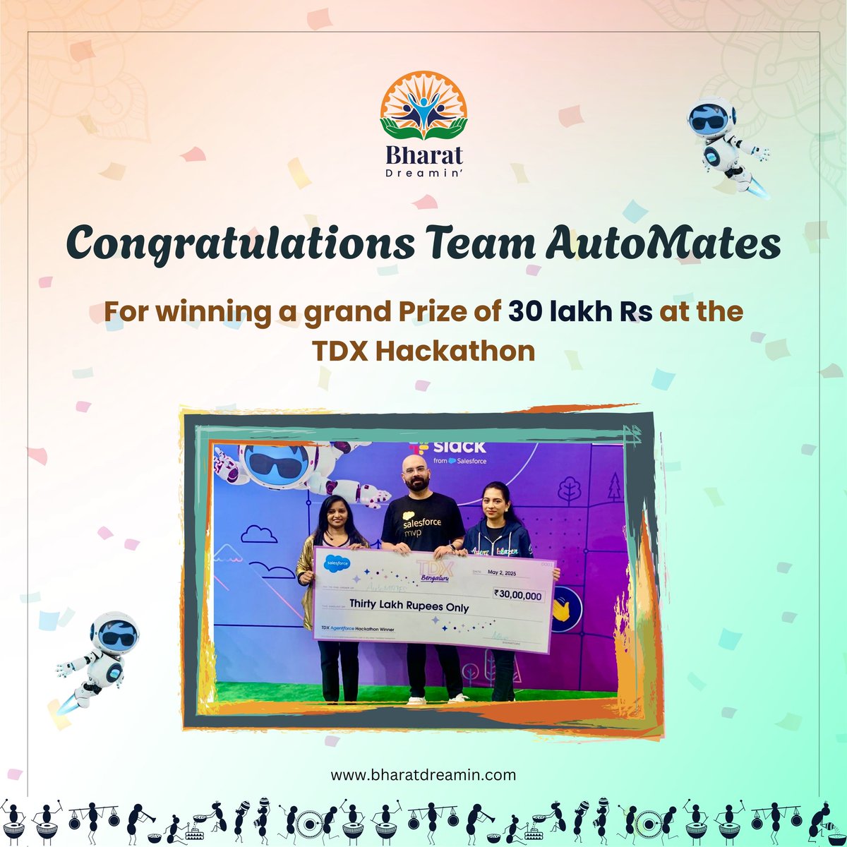 Bharat Dreamin (@bharatdreamin) on Twitter photo Huge congrats to Team AutoMates (<a href="/JyothsnaBitra/">Jyothsna Bitra (JB)</a>, <a href="/iamKapilBatra/">Kapil Batra</a>, <a href="/monikasfdc/">Monika Ramchandani</a>) for winning the ₹30L grand prize at #TDXHackathon!
Your innovation & teamwork shine bright. A proud moment for the #TrailblazerCommunity & #SalesforceIndia!
#BharatDreamin #TDX #Hackathon Huge congrats to Team AutoMates (<a href="/JyothsnaBitra/">Jyothsna Bitra (JB)</a>, <a href="/iamKapilBatra/">Kapil Batra</a>, <a href="/monikasfdc/">Monika Ramchandani</a>) for winning the ₹30L grand prize at #TDXHackathon!
Your innovation & teamwork shine bright. A proud moment for the #TrailblazerCommunity & #SalesforceIndia!
#BharatDreamin #TDX #Hackathon