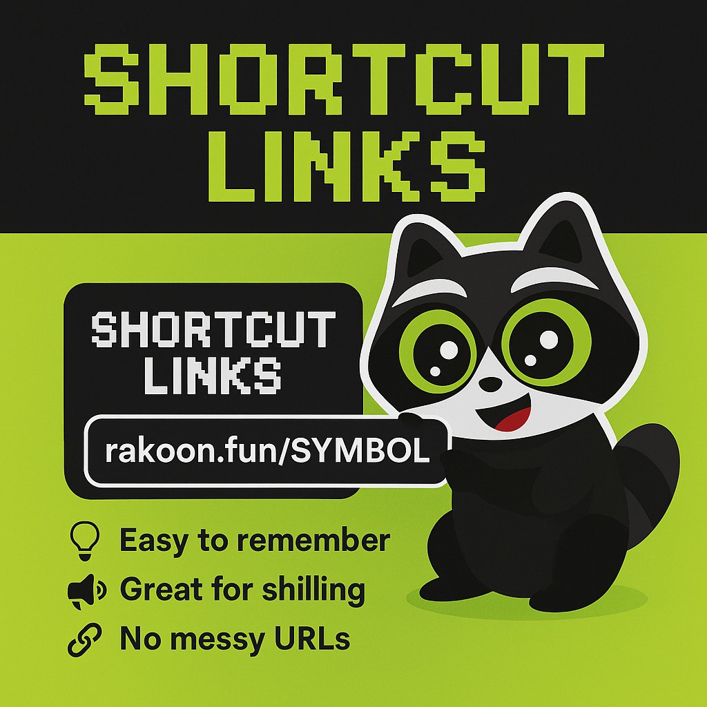 RakoonFun's tweet image. 🔗 New Feature: Shortcut Links 🔗
Your token now lives at rakoon.fun/SYMBOL — clean, simple, and easy to remember.
⚡️ No more long messy URLs.
⚡️ Perfect for sharing. Perfect for shilling.
#Web3 #Blockchain #DeFi #cryptocurrency