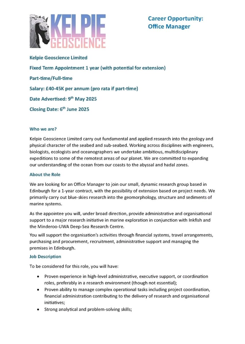 KelpieGeo's tweet photo. We're #hiring an experienced #OfficeManager to join our dynamic team at #KelpieGeoscience based in #Edinburgh #Edinburghjobs 

Working with our international partners we seek to better understand our #Oceans: coast to #hadalzone.
👇 https://t.co/s7wEvxs0ZC