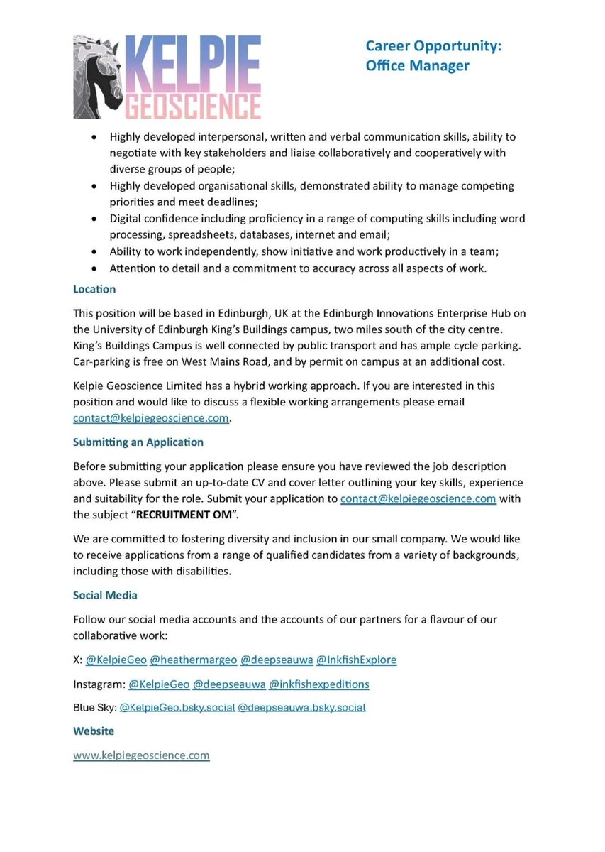 We're #hiring an experienced #OfficeManager to join our dynamic team at #KelpieGeoscience based in #Edinburgh #Edinburghjobs 

Working with our international partners we seek to better understand our #Oceans: coast to #hadalzone.
👇