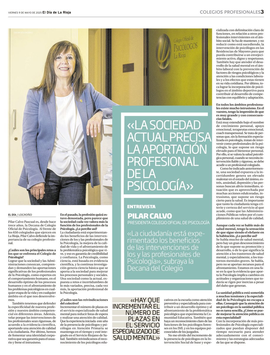 Entrevista a Pilar Calvo, Decana del Colegio Oficial de Psicología de La Rioja- <a href="/ElDiaLaRioja/">El Día de La Rioja</a>