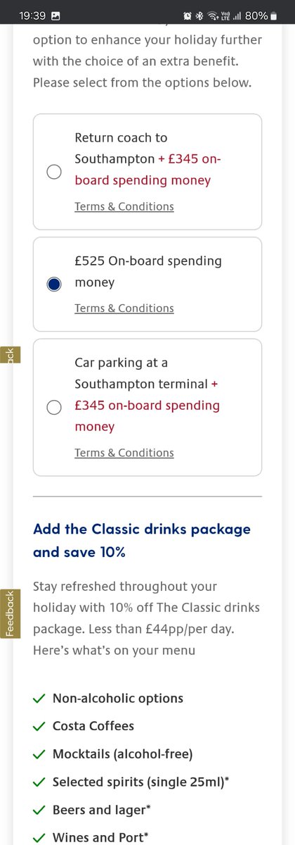 Steve3325's tweet photo. Booked two cabins on #Iona. Screenshot shows we should get parking plus £345 in one, £525 spend in the other. @pandocruises refuse to give this, despite it is clearly shown as the options. Try and contact them....phones cut you off, emails take days. Simply atrocious. https://t.co/YDTPZ35iR6